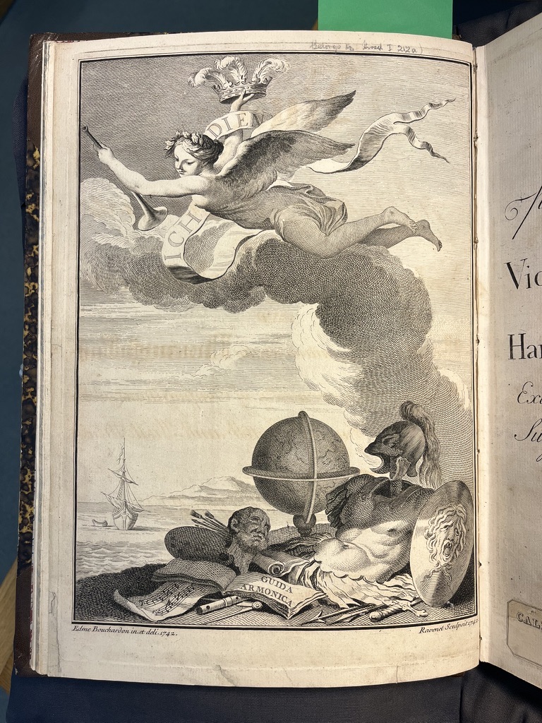 The engraved frontispiece of the Guida Armonica